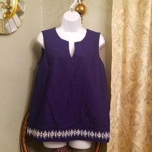 Vineyard Vines Embroidered Sleeveless Top Blue/White Cotton V Neck Sz. Small